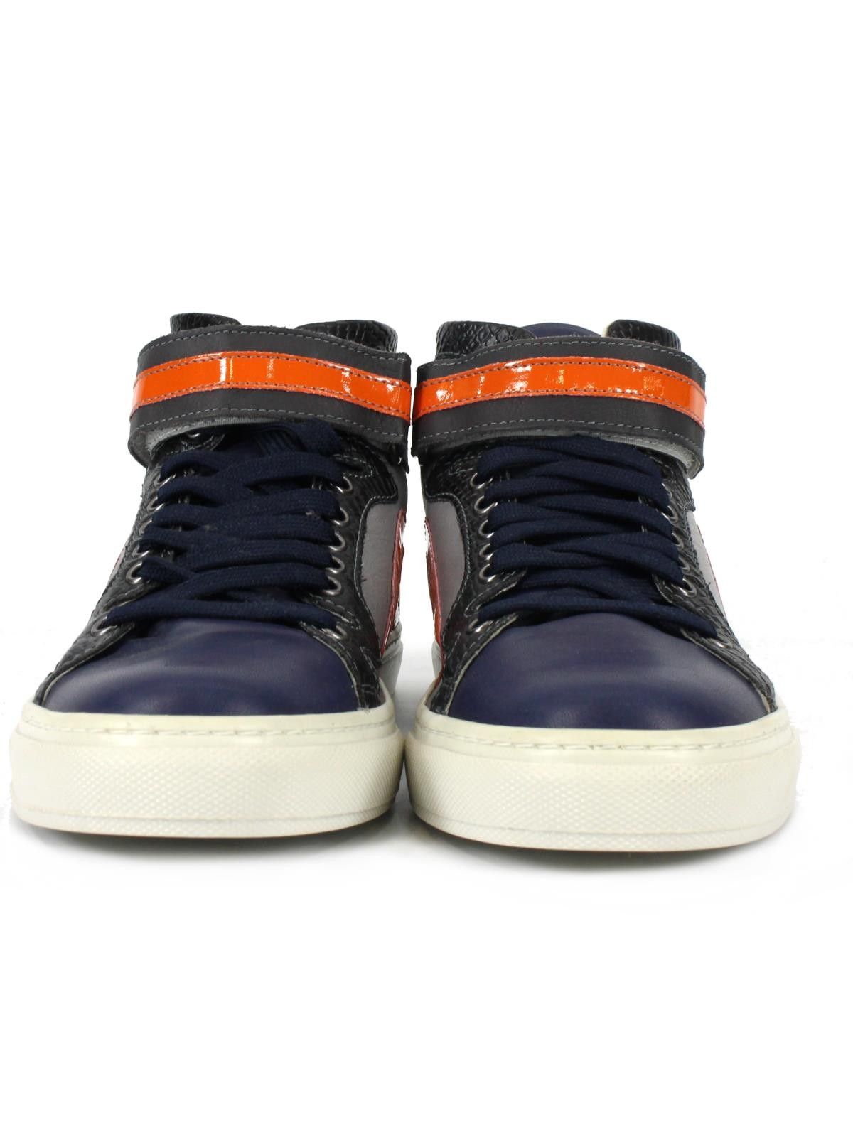 Sneakers uomo alta in pelle blu grigia arancio con strappi regolabili