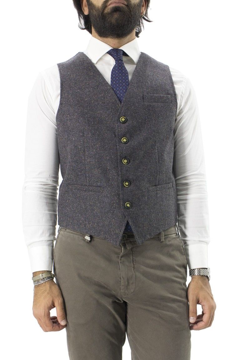 Gilet invernale da uomo in lana grigio con effetto tramato multicolor slim fit