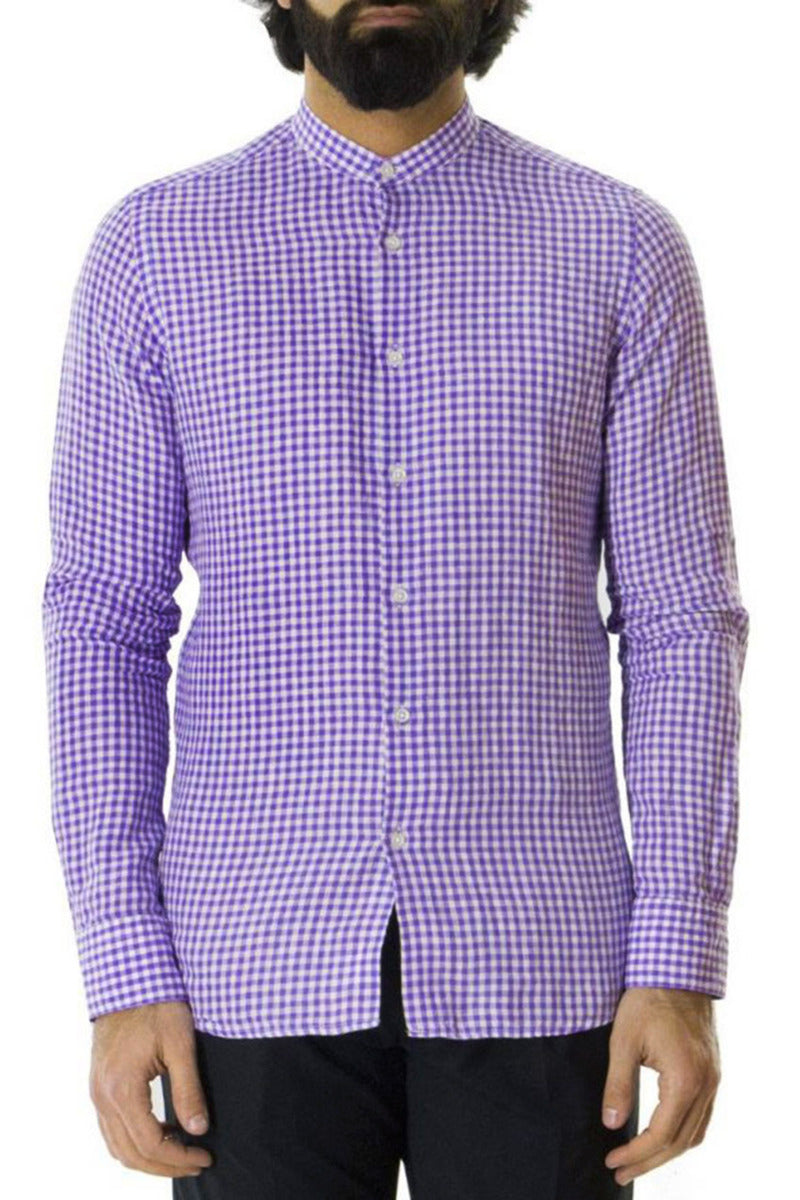 Camicia Uomo Slim Collo Coreano bianca fantasia quadri viola in lino