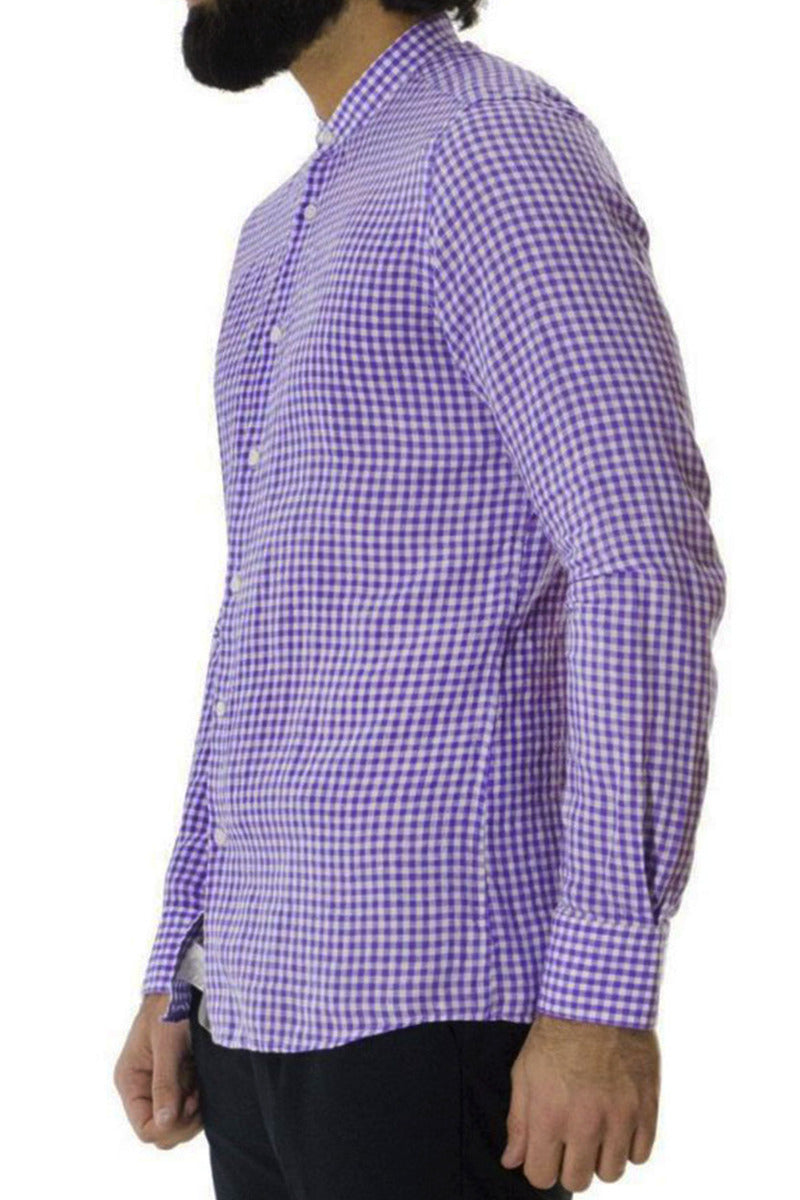 Camicia Uomo Slim Collo Coreano bianca fantasia quadri viola in lino