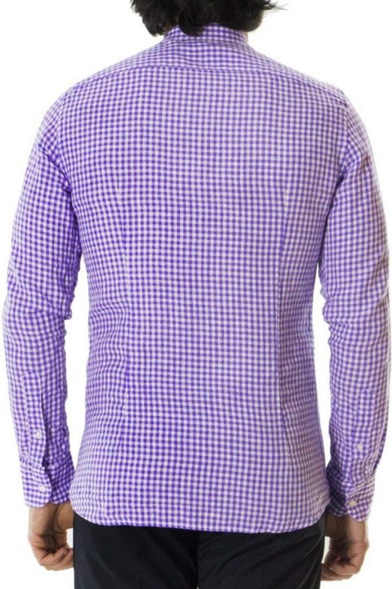 Camicia Uomo Slim Collo Coreano bianca fantasia quadri viola in lino