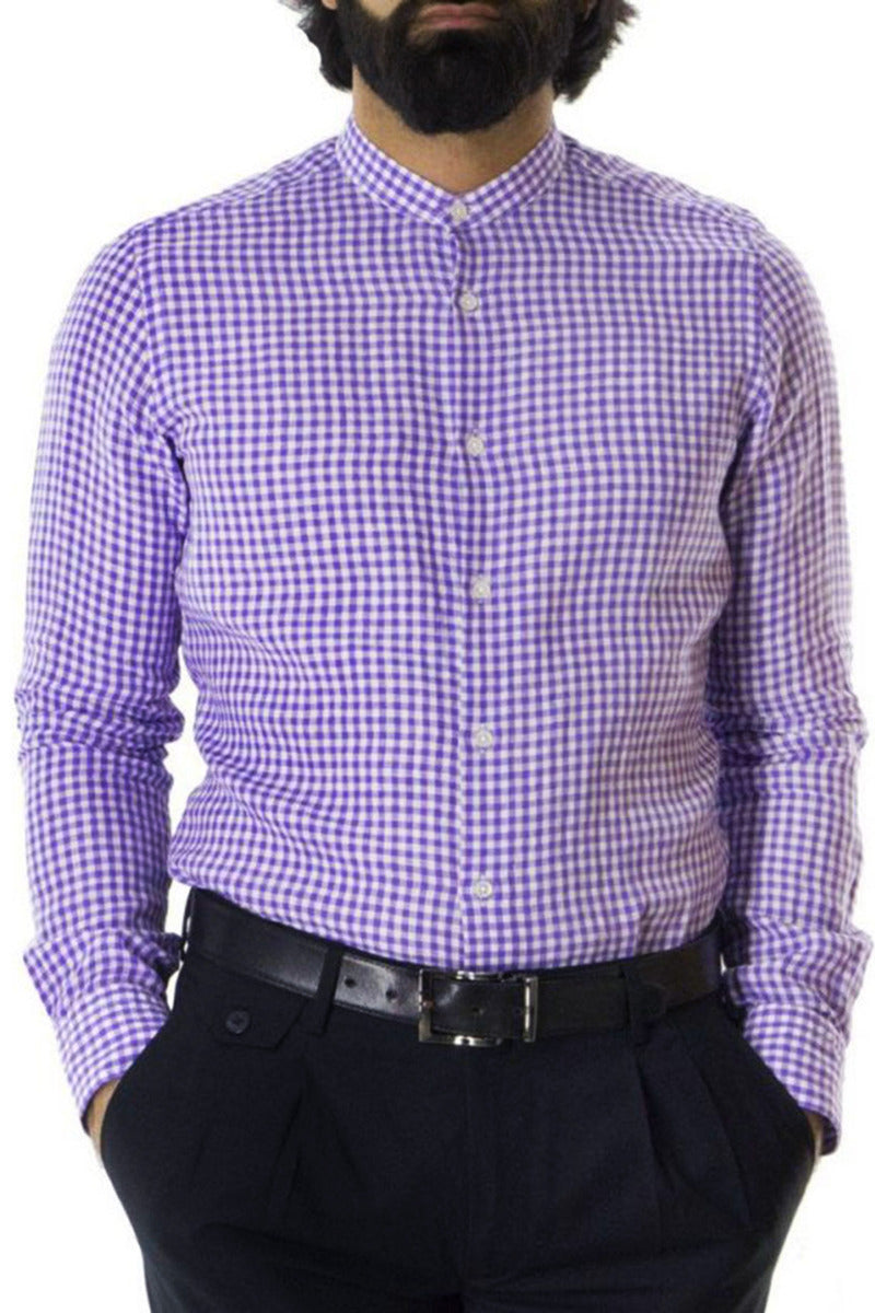 Camicia Uomo Slim Collo Coreano bianca fantasia quadri viola in lino