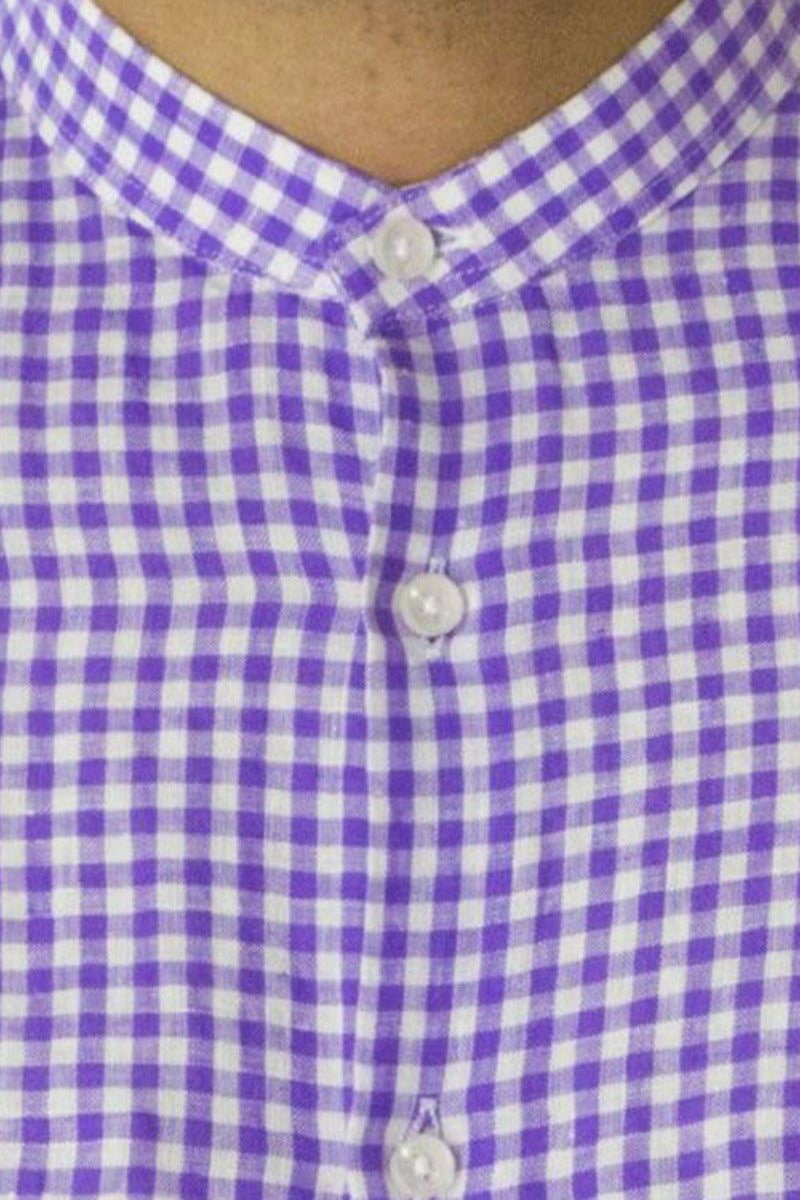 Camicia Uomo Slim Collo Coreano bianca fantasia quadri viola in lino