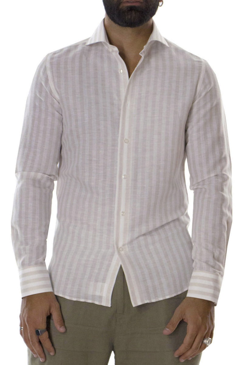 Camicia  Uomo Lino collo francese Slim righe Collo Classico Manica Lunga