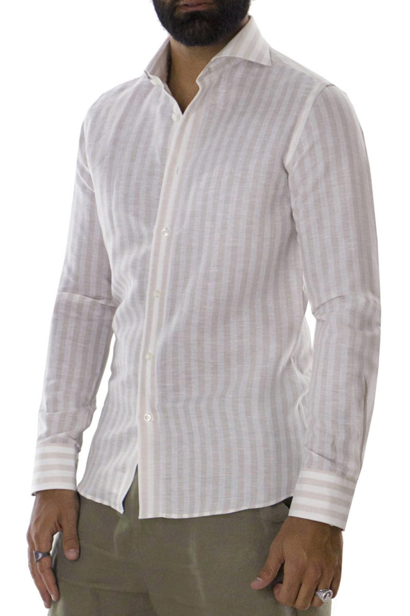 Camicia  Uomo Lino collo francese Slim righe Collo Classico Manica Lunga