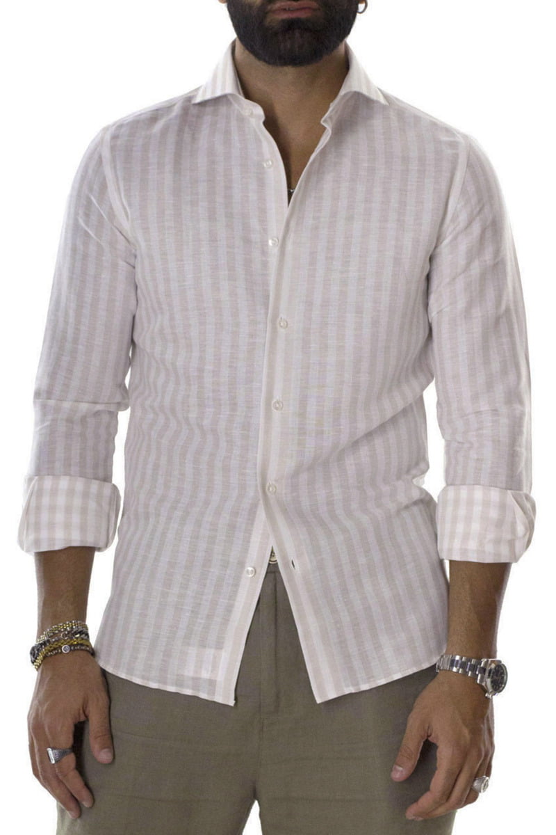 Camicia  Uomo Lino collo francese Slim righe Collo Classico Manica Lunga