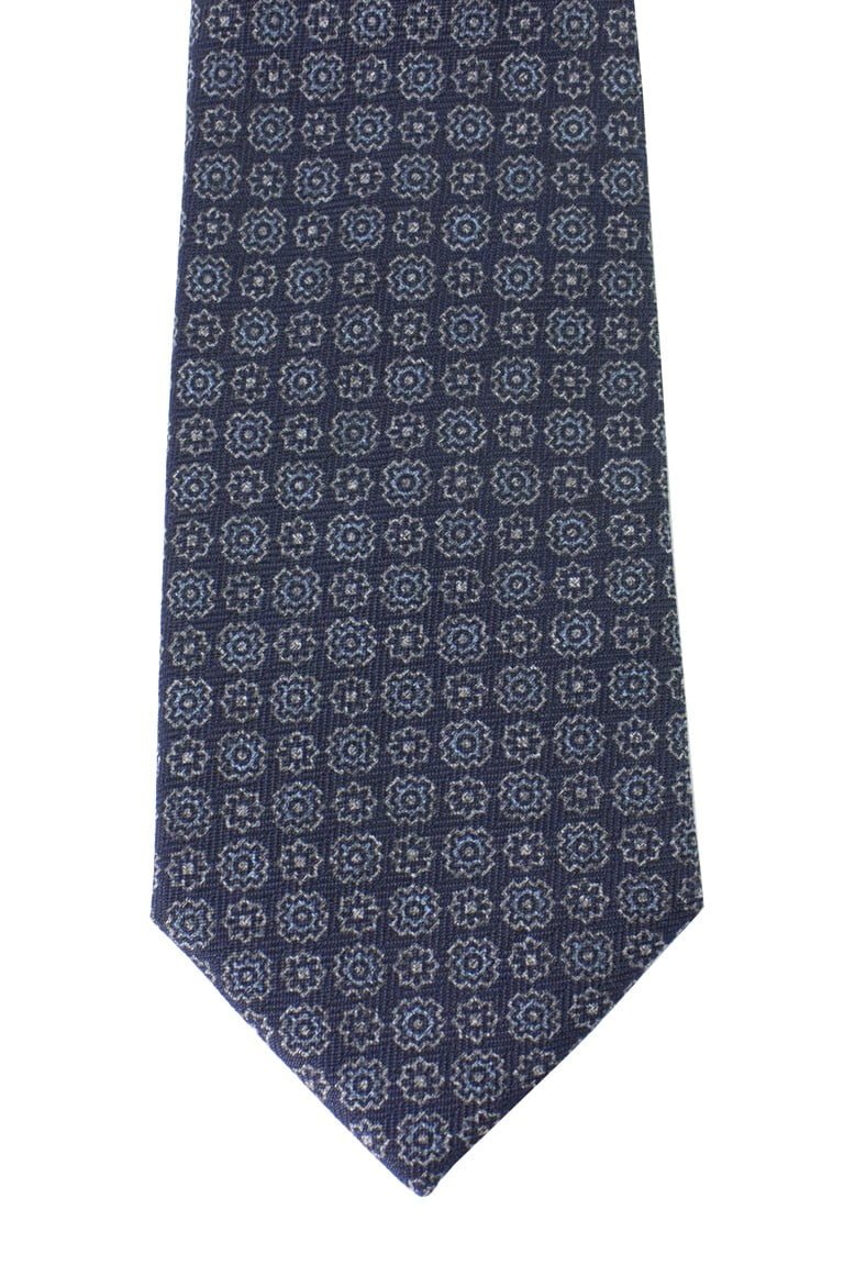 Cravatta uomo effetto lana fantasia fiori blu grigio denim larghezza 7cm