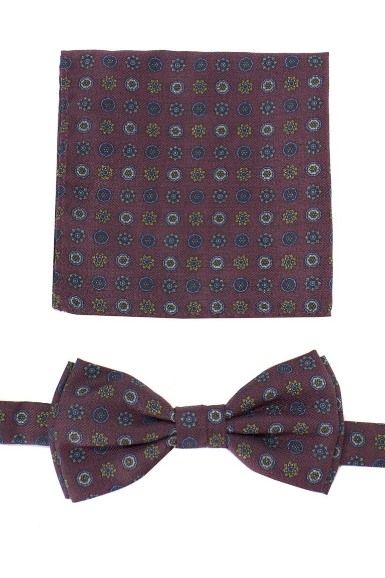Papillon uomo fantasia fiori  effetto lana compreso di pochette abbinata a
