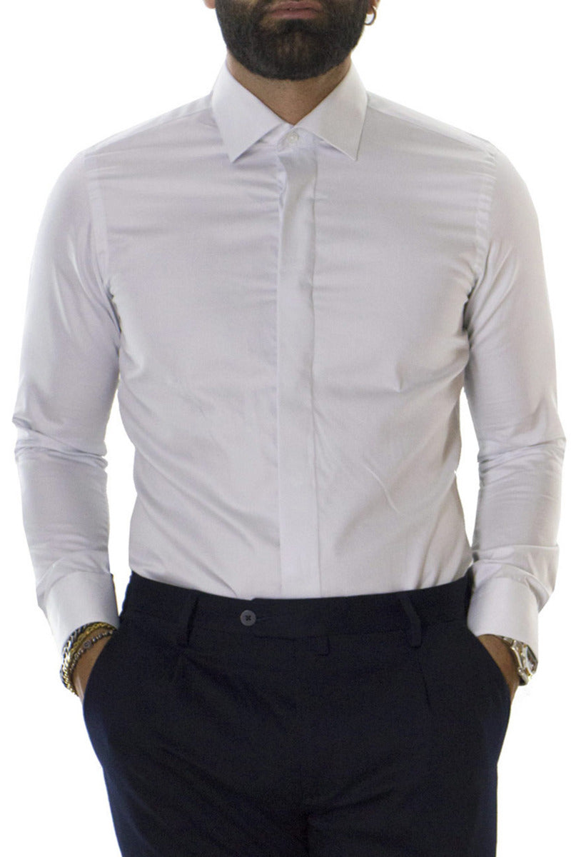 Camicia uomo sartoriale collo italiano effetto lucido bottoni a scomparsa