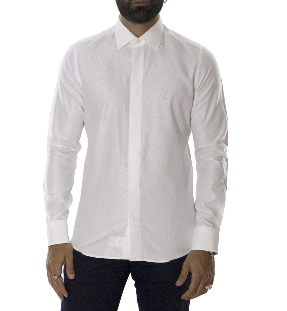 Camicia uomo sartoriale collo italiano ricamo semi lucido bottoni a scomparsa