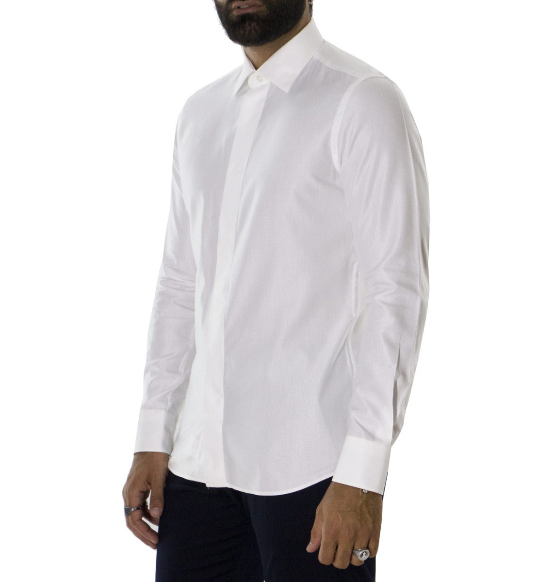 Camicia uomo sartoriale collo italiano ricamo semi lucido bottoni a scomparsa