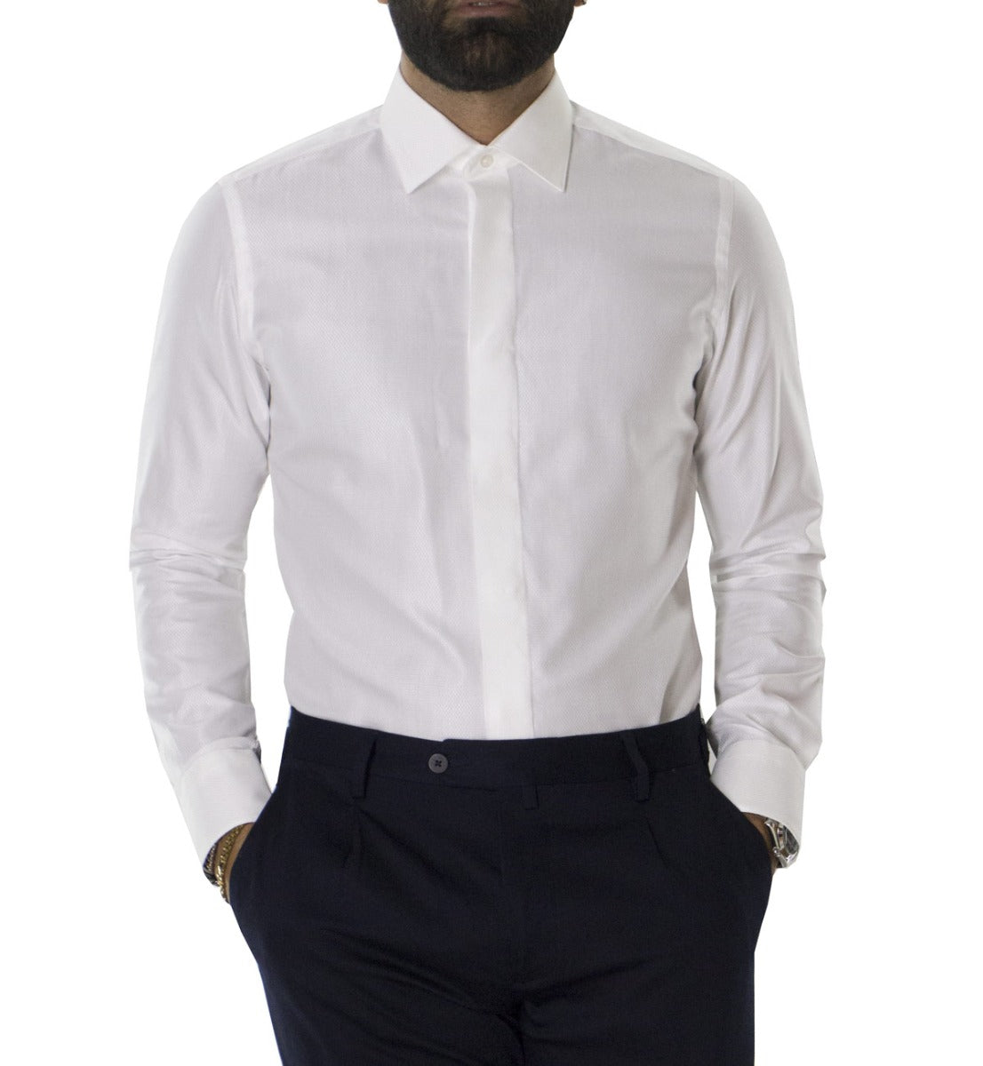 Camicia uomo sartoriale collo italiano ricamo semi lucido bottoni a scomparsa