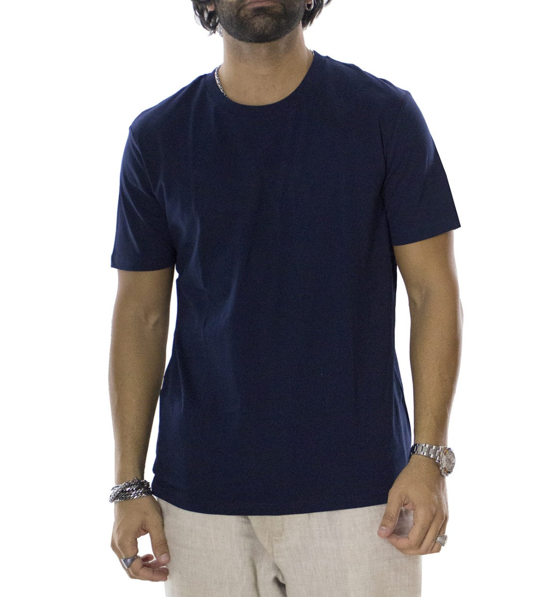 T-shirt da uomo blu in cotone organico tinta unita regular fit elasticizzata girocollo