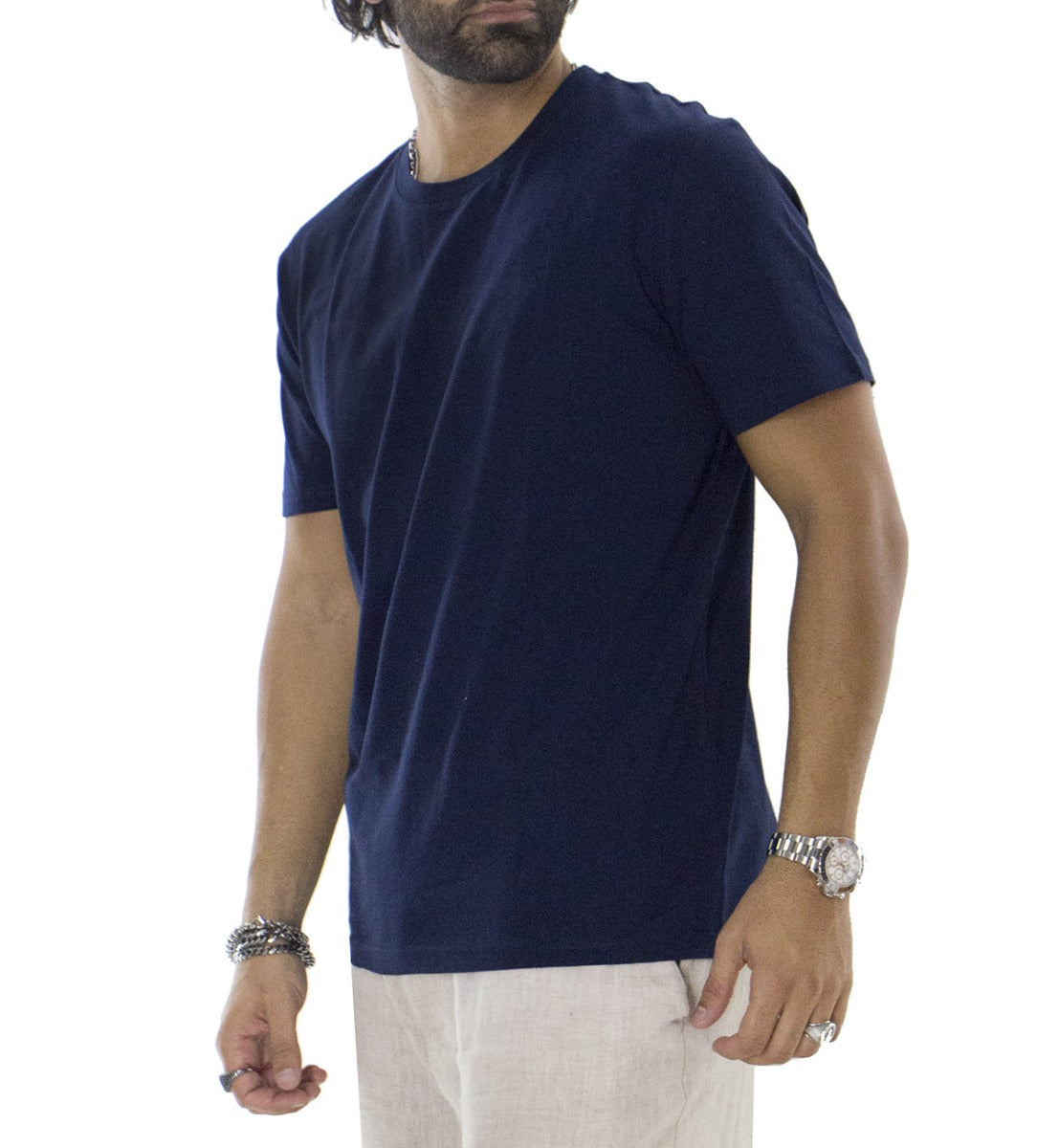 T-shirt da uomo blu in cotone organico tinta unita regular fit elasticizzata girocollo