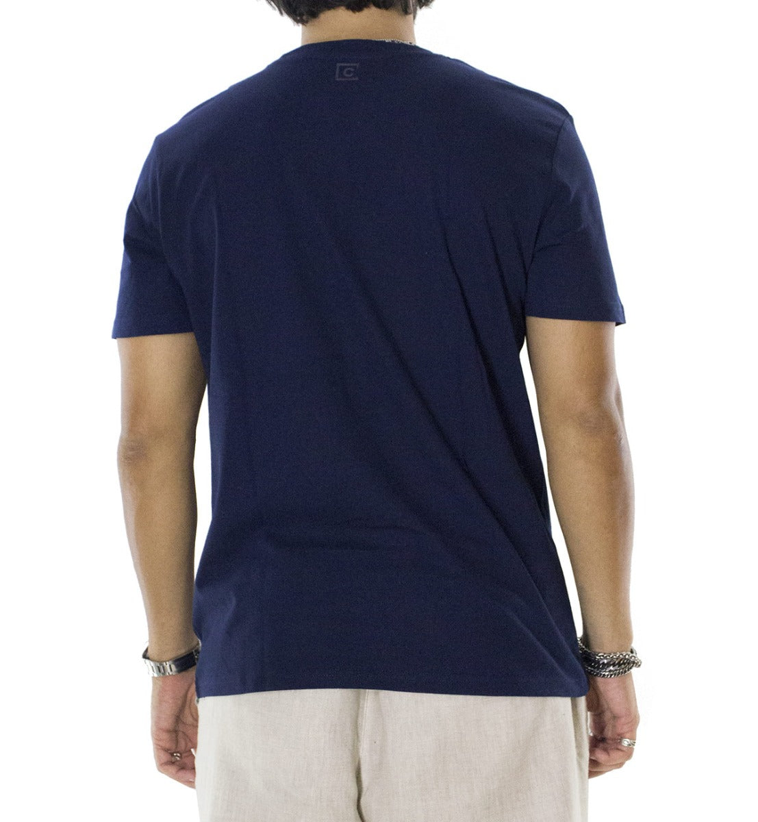T-shirt da uomo blu in cotone organico tinta unita regular fit elasticizzata girocollo