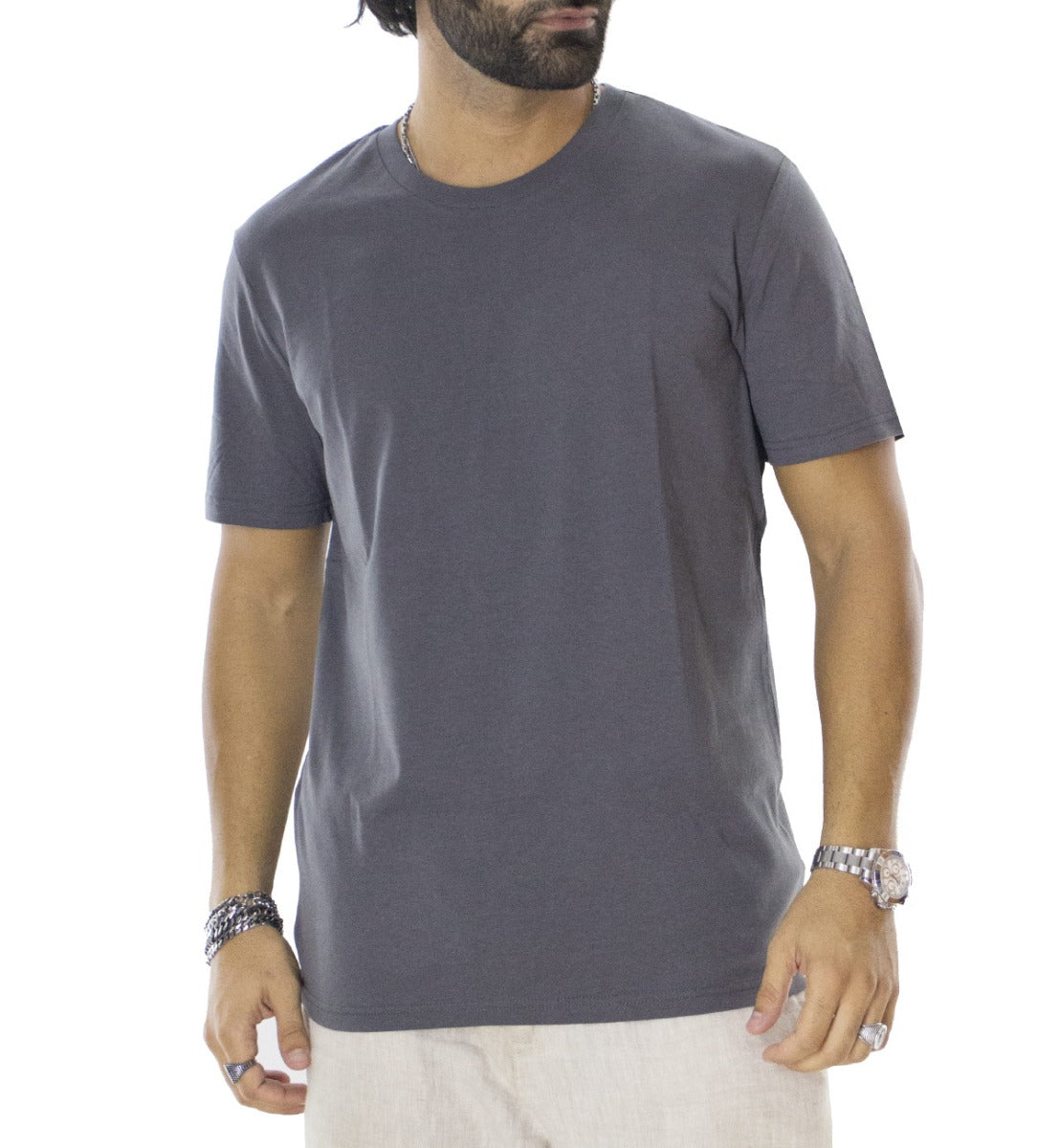 T-shirt da uomo in cotone organico tinta unita grigio scuro regular fit elasticizzata girocollo