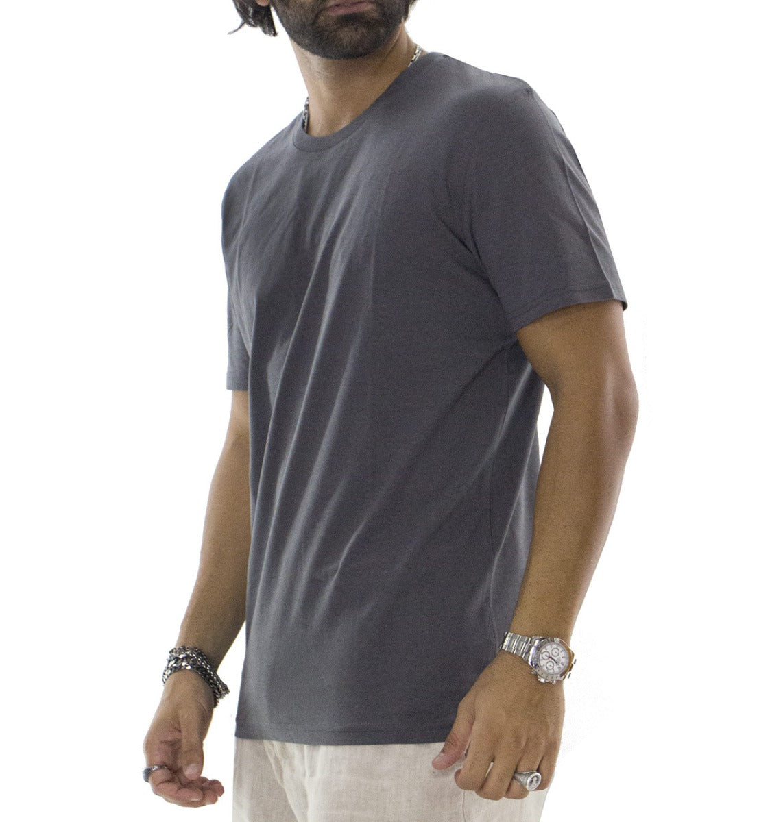T-shirt da uomo in cotone organico tinta unita grigio scuro regular fit elasticizzata girocollo
