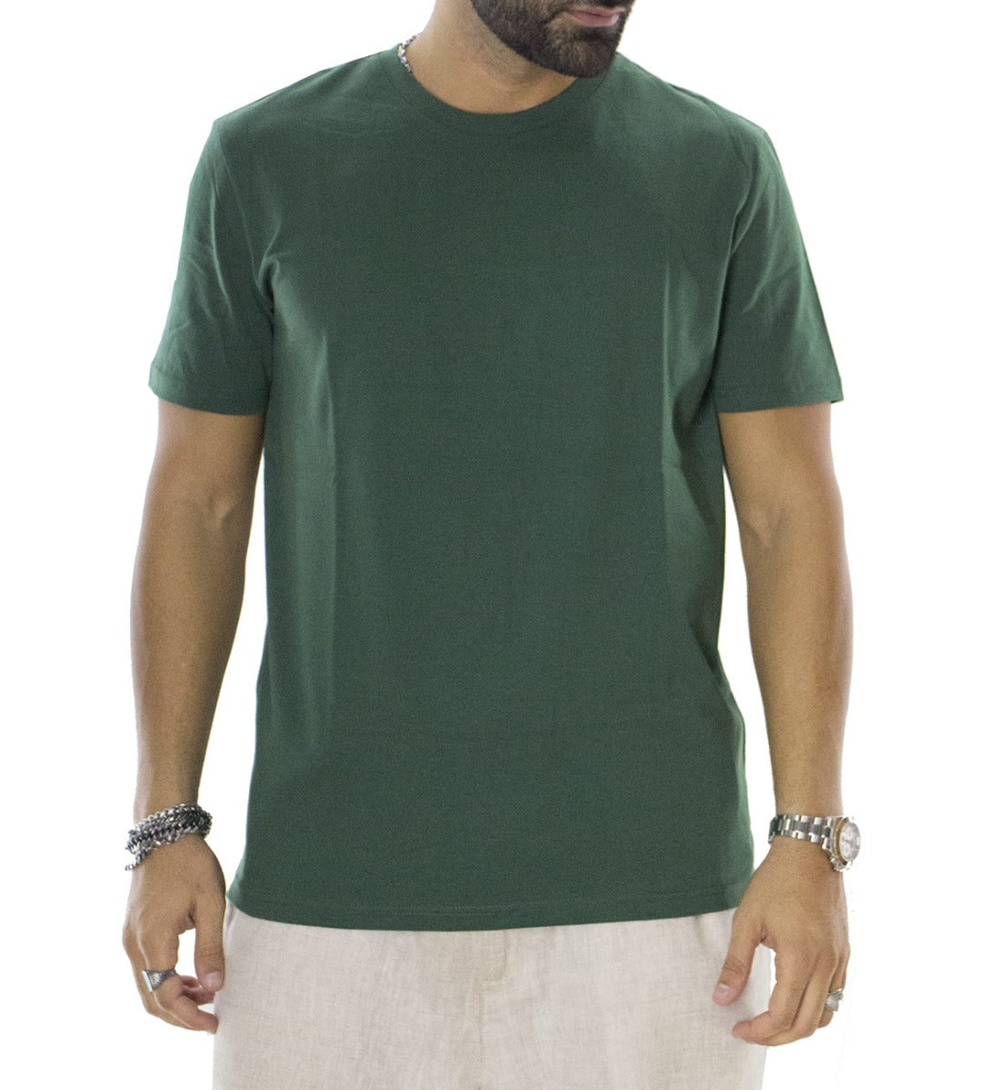 T-shirt da uomo in cotone organico tinta unita verde bottiglia regular fit elasticizzata girocollo