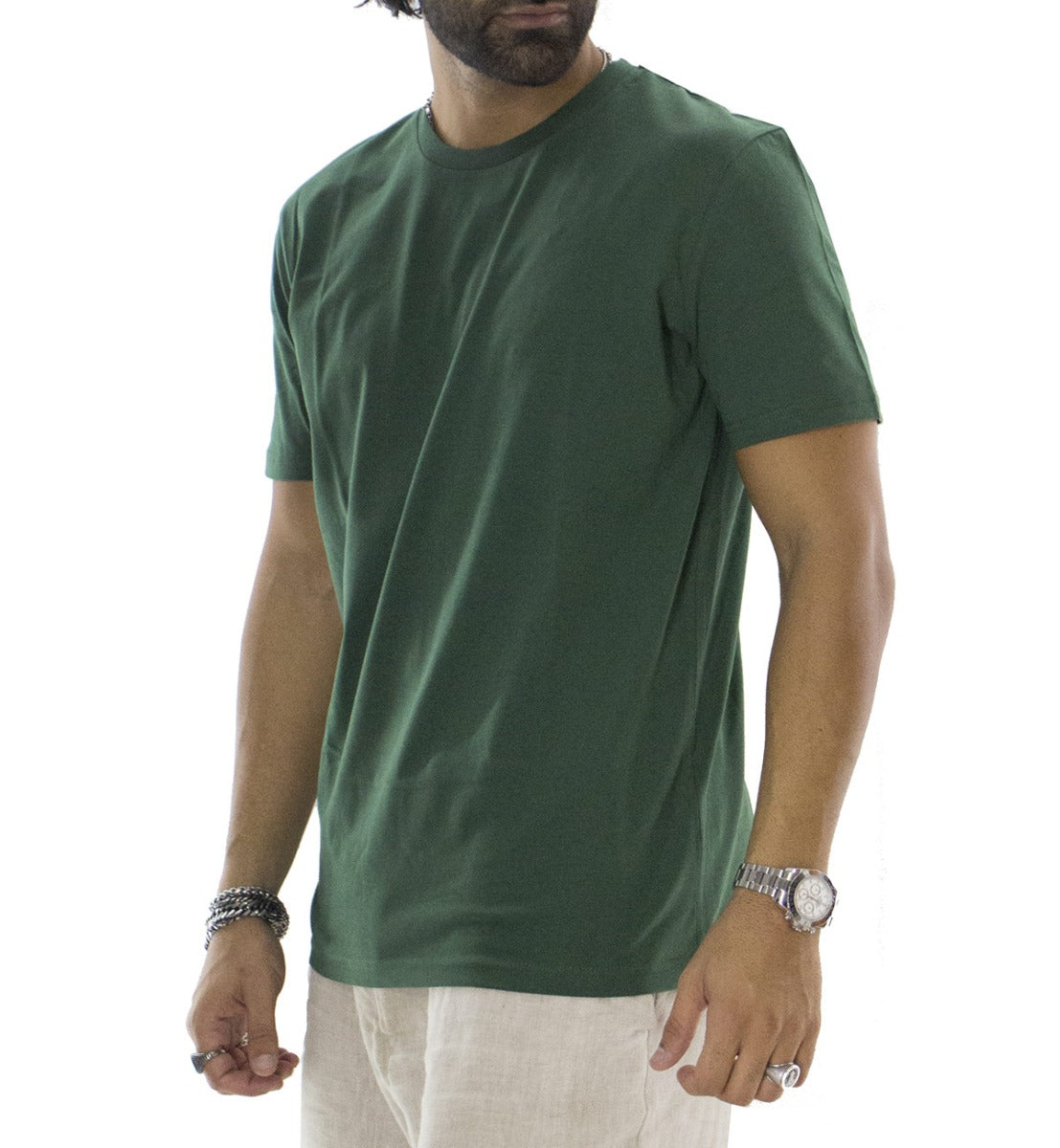 T-shirt da uomo in cotone organico tinta unita verde bottiglia regular fit elasticizzata girocollo