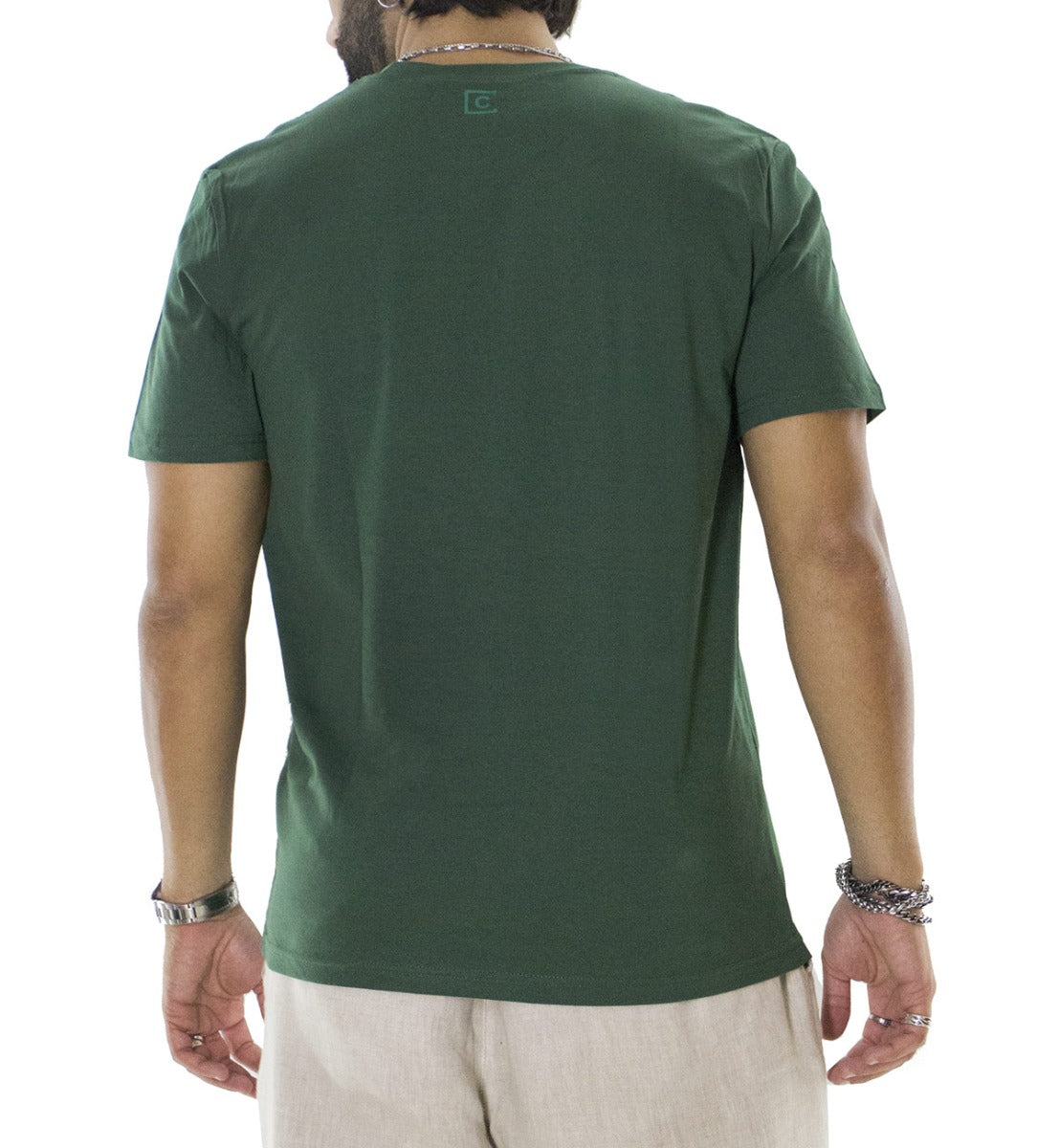 T-shirt da uomo in cotone organico tinta unita verde bottiglia regular fit elasticizzata girocollo