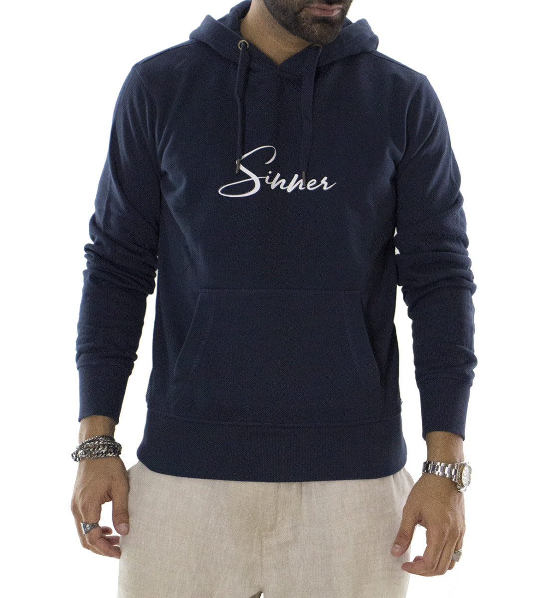 Felpa uomo blu con cappuccio invernale con elastici ai polsi e fondo elasticizzata con stampa