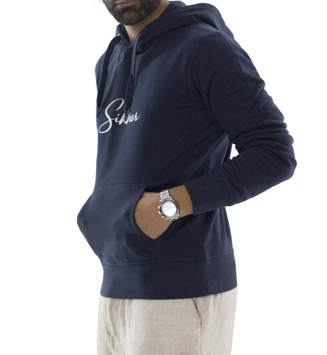 Felpa uomo blu con cappuccio invernale con elastici ai polsi e fondo elasticizzata con stampa