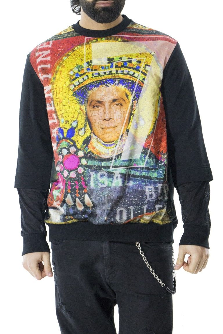 Felpa da uomo girocollo cotone con stampa multicolor sul davanti in raso
