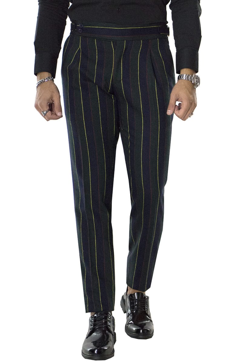 Pantaloni vita alta uomo con pinces e fibbia laterale blu fantasia riga multicolor in lana