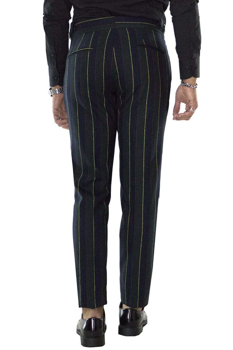 Pantaloni vita alta uomo con pinces e fibbia laterale blu fantasia riga multicolor in lana
