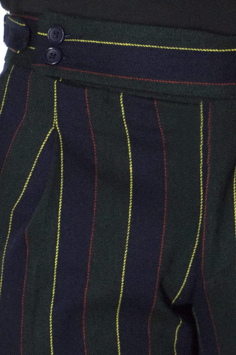 Pantaloni vita alta uomo con pinces e fibbia laterale blu fantasia riga multicolor in lana