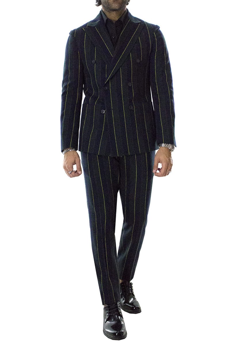 Pantaloni vita alta uomo con pinces e fibbia laterale blu fantasia riga multicolor in lana