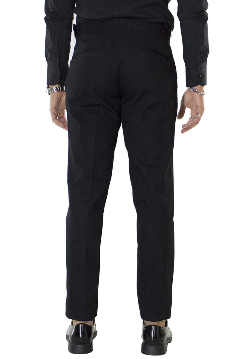 Pantaloni a vita alta uomo nero con pinces e fibbia laterale effetto denim in cotone made in Italy