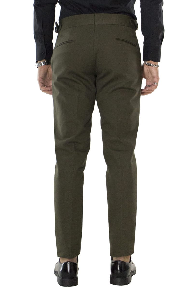 Pantaloni vita alta da uomo verde militare con pinces e fibbia laterale effetto denim in cotone