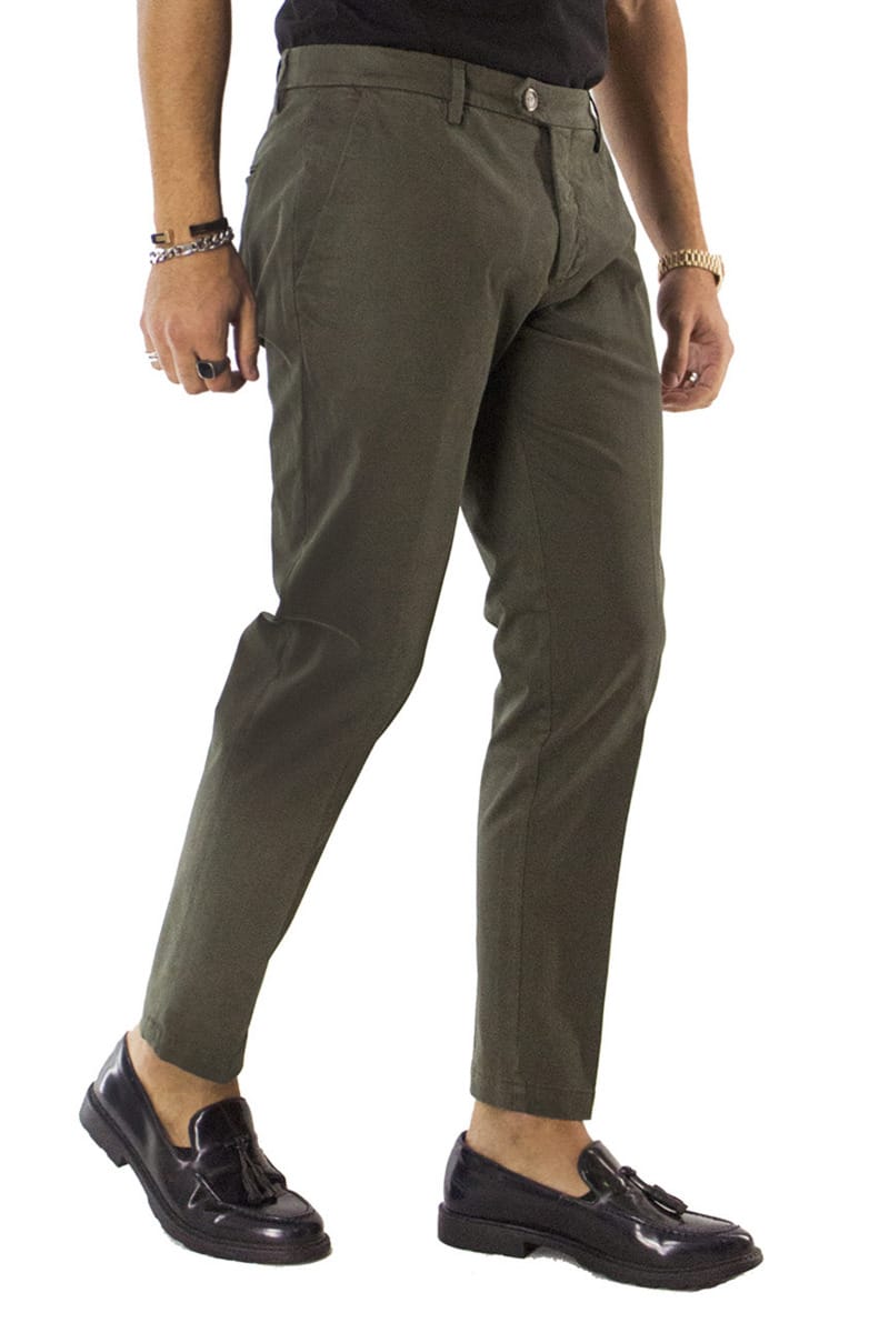 Pantaloni di cotone uomo verde militare invernali elasticizzati tasca america slim fit made in Italy