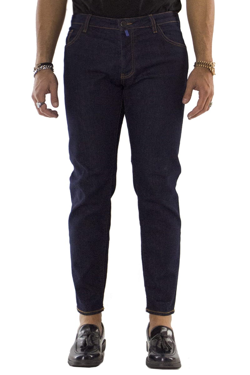 Jeans uomo slim lavaggio zero modello 5 tasche cuciture in contrasto made in italy