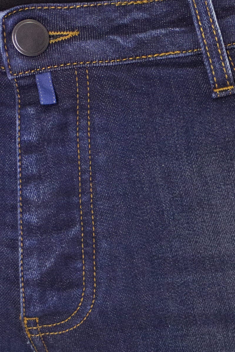 Jeans uomo slim scuro con sabbiatura beige modello 5 tasche chiusura bottoni made in italy