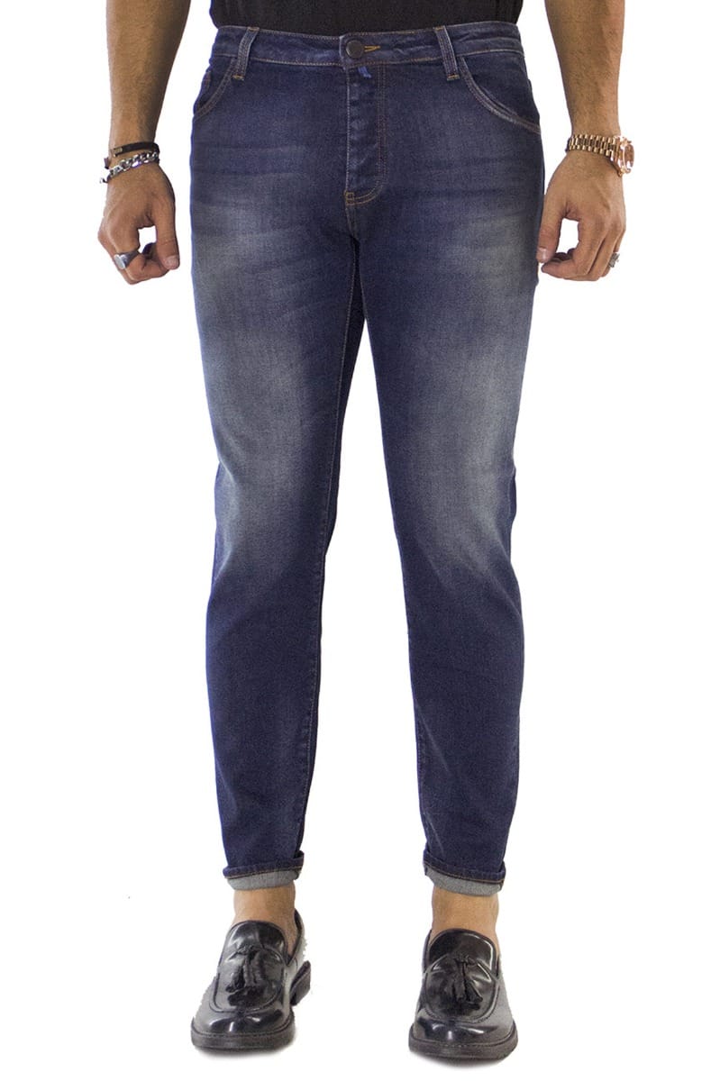 Jeans uomo slim scuro con sabbiatura beige modello 5 tasche chiusura bottoni made in italy