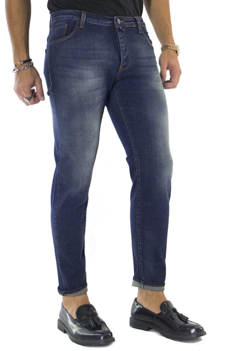 Jeans uomo slim scuro con sabbiatura beige modello 5 tasche chiusura bottoni made in italy
