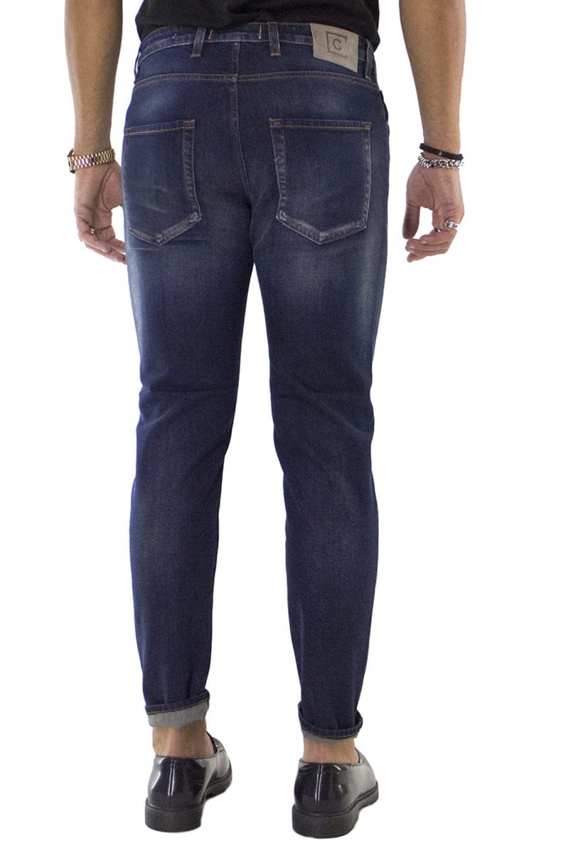 Jeans uomo slim scuro con sabbiatura beige modello 5 tasche chiusura bottoni made in italy
