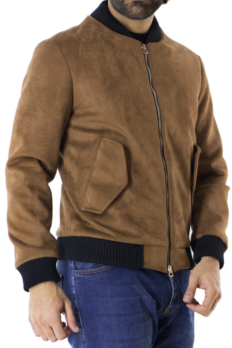 Giubbotto uomo in renna ecologica cammello slim fit modello bomber con elastici ai polsi e fondo