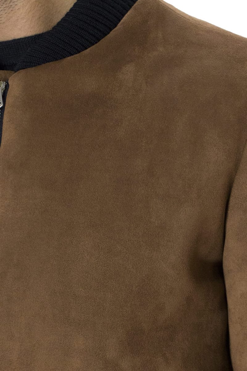 Giubbotto uomo in renna ecologica cammello slim fit modello bomber con elastici ai polsi e fondo