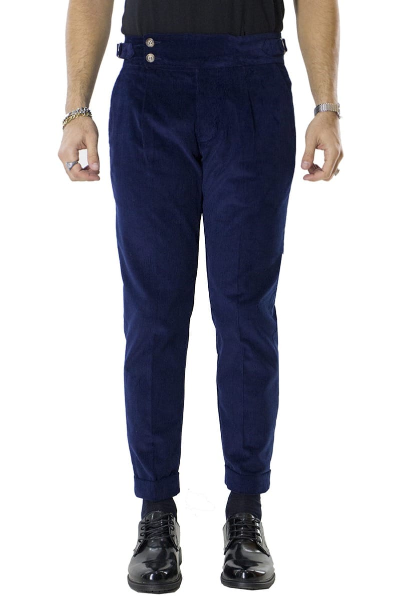 Pantaloni velluto a costine blu slim fit  vita alta con pence fibbia laterale e risvolto