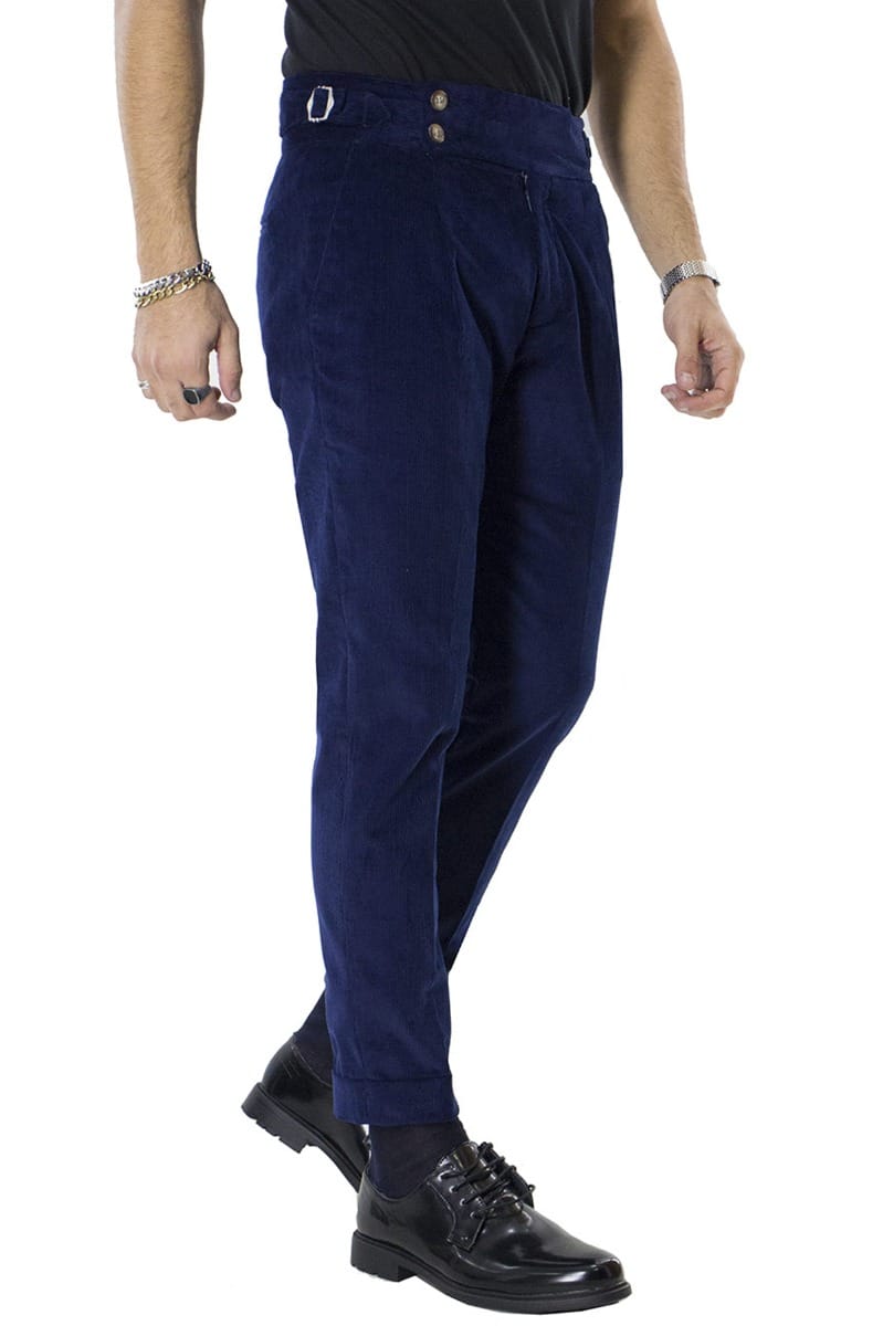 Pantaloni velluto a costine blu slim fit  vita alta con pence fibbia laterale e risvolto