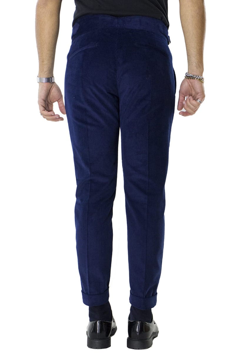 Pantaloni velluto a costine blu slim fit  vita alta con pence fibbia laterale e risvolto