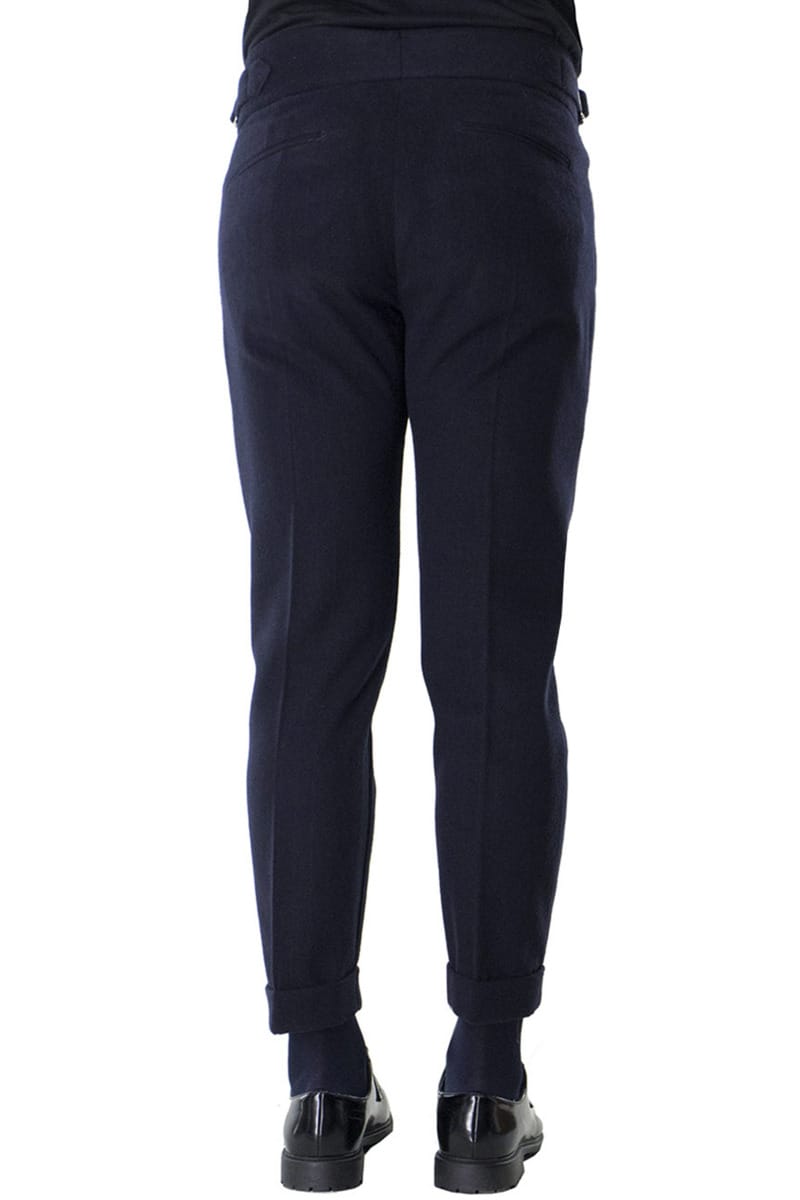 Pantaloni uomo vita alta con pinces blu in lana fantasia riga bordeaux slim fit fibbia e risvolto