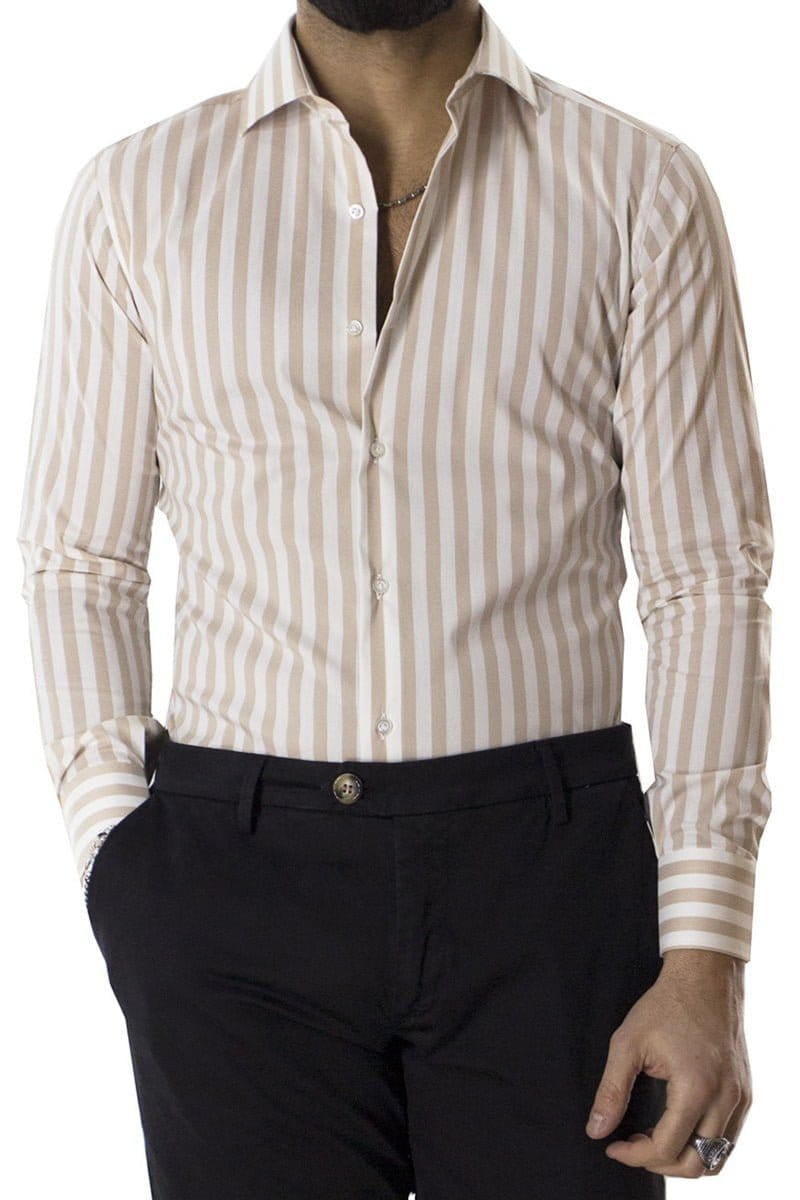 Camicia Uomo Righe Larghe Beige Slim fit Elasticizzata Collo semi francese Made In Italy