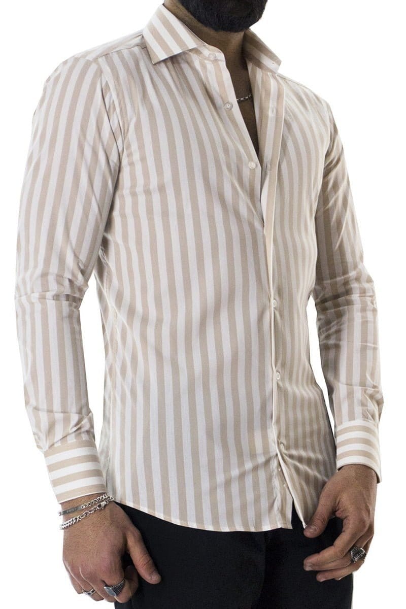 Camicia Uomo Righe Larghe Beige Slim fit Elasticizzata Collo semi francese Made In Italy