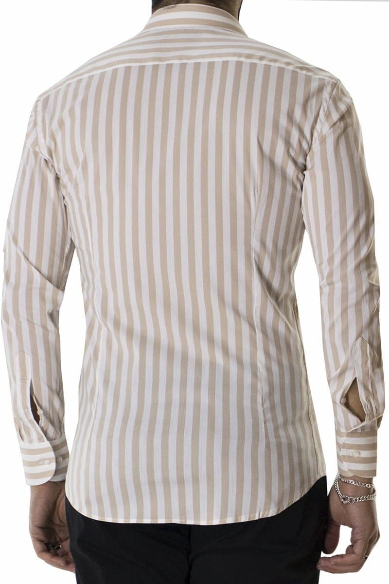 Camicia Uomo Righe Larghe Beige Slim fit Elasticizzata Collo semi francese Made In Italy