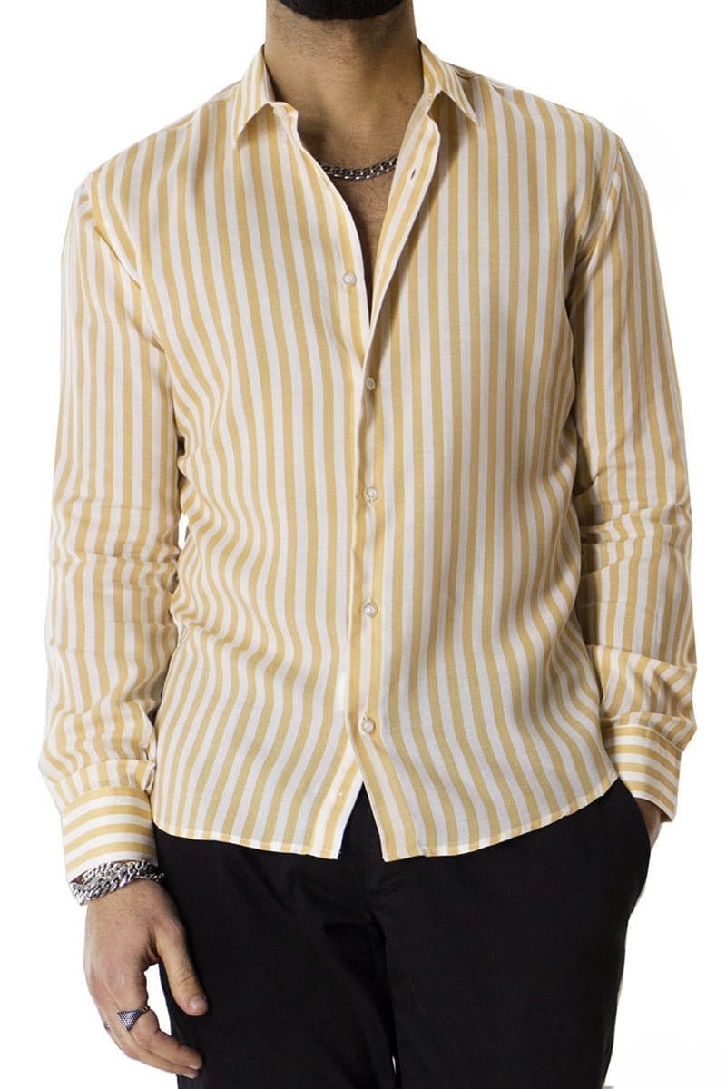 Camicia Uomo righe larghe Ocra In Viscosa vestibilita comoda Collo Italiano Piccolo