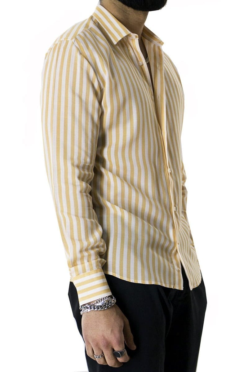 Camicia Uomo righe larghe Ocra In Viscosa vestibilita comoda Collo Italiano Piccolo